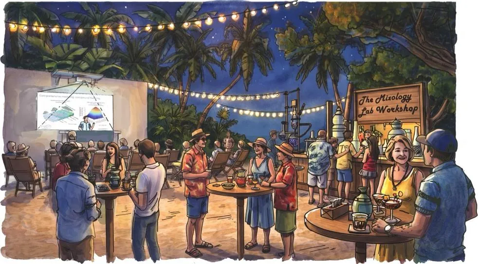 Illustrated concept of an evening program: adults mingle under string lights and palm trees beside a Mixology Lab Workshop bar, with a presentation on an outdoor screen