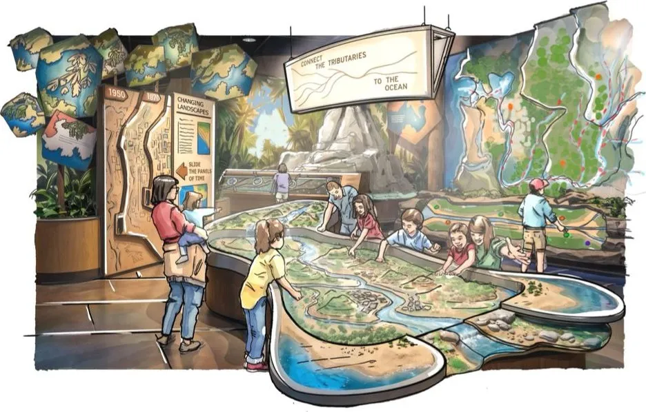 Illustrated concept of the Nature Coast Discovery Trail exhibit: children and parents gather around a large interactive relief map tracing rivers from the tributaries to the ocean