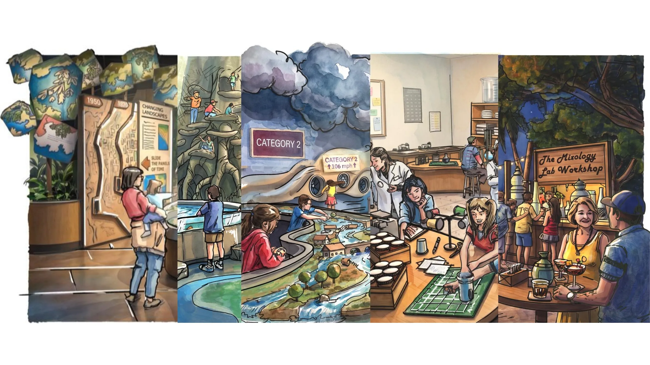 Five illustrated concept panels side by side: a family at a Changing Landscapes exhibit, a child at a mangrove estuary tank, kids at a Category 2 hurricane model, students experimenting in a discovery lab, and adults at an evening Mixology Lab Workshop