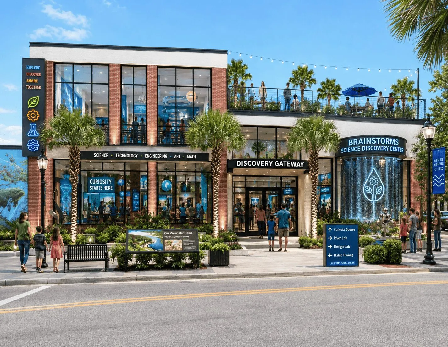Conceptual rendering of the proposed Brainstorms Science Discovery Center: a brick and glass building on a downtown street with a Discovery Gateway entrance, rooftop terrace, palm trees and families walking in