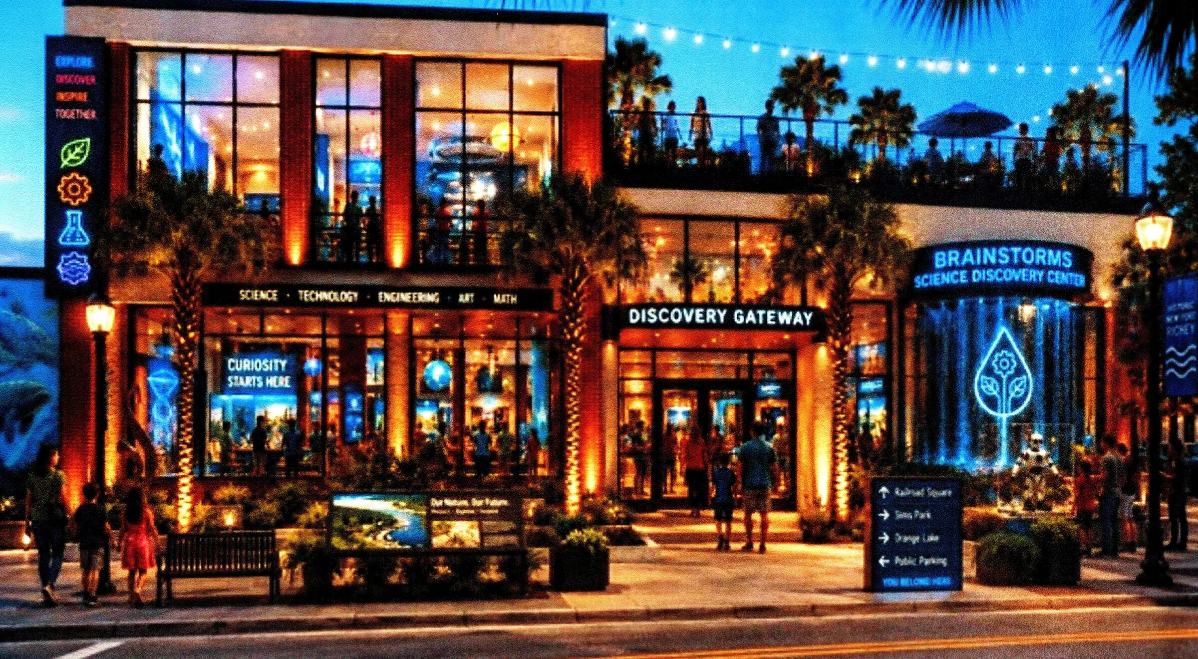 Conceptual rendering of the proposed Brainstorms Science Discovery Center at dusk: a glowing storefront with a Discovery Gateway entrance, string lights over a rooftop terrace and families on the sidewalk